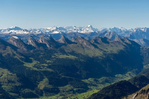 View from the alpine peak Säntis to the Appenzell Alps, 2505m altitude, Schwägalp, snow-covered