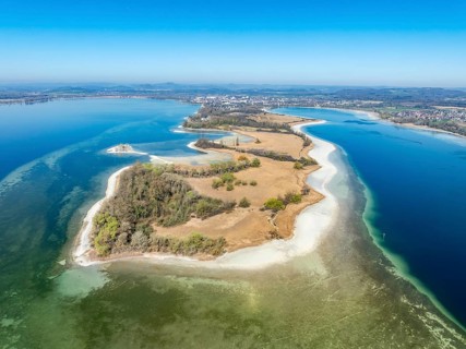 Aerial view of the Mettnau peninsula at low tide with shallows, danger to shipping traffic,