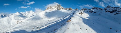 Alpine panorama, aerial view, Alpine Club hut of the SAC in winter, Chamanna d'Es-cha, Pitz