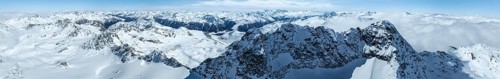 Alpine panorama, aerial view, mountain peak Piz Kesch and glacier Vadret da Porchabella, Albula