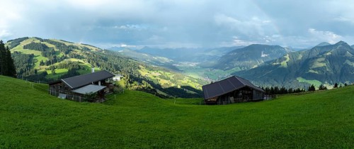 Alpine huts, view over the Brixen Valley with rainbow, Hochbrixen, Brixen im Thale, Kitzbühel Alps,