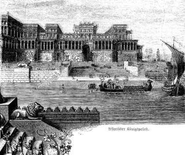 Assyrian royal palace, magnificent architecture, river, ships, rowers, sails, steps, columned