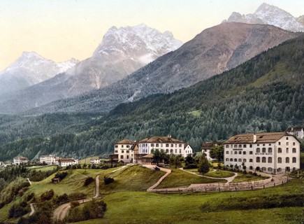 Lower Engadine, Vulpera with mountains, Graubuenden, Switzerland, Historical, digitally restored