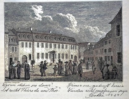 People in front of the house of Johann Wolfgang von Goethe in Weimar, Germany, digital reproduction