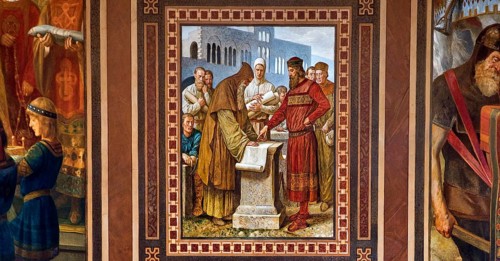 Benno supervises the construction of the imperial palace in Goslar under Henry III, mural by