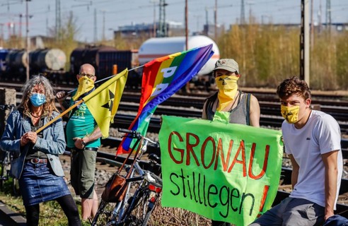 Münster, North Rhine-Westphalia, Germany - Anti-nuclear demonstration in times of the corona crisis