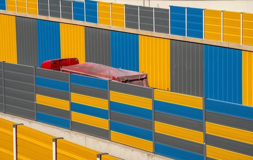Colourful noise barriers on the A52 motorway, at the Essen-Rüttenscheid junction, the noise