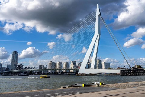 Skyline on the Nieuwe Maas, Erasmus Bridge, skyscrapers, water taxi, Rotterdam, Netherlands
