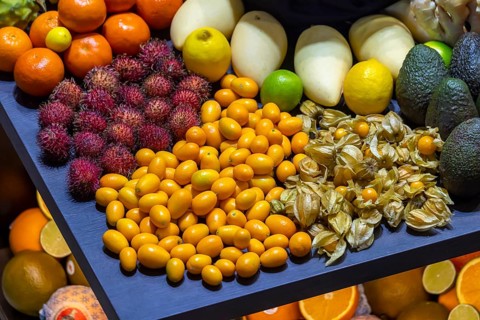 Exotic fruits, lychee, jackfruit, dragon fruit, mango and citrus fruits presented on a table,