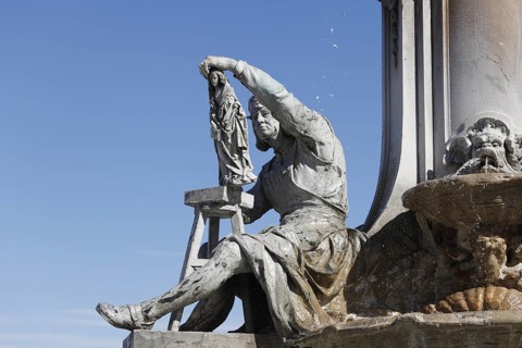 Statue of Tilman Riemenschneider, Franconia Fountain, Residenzplatz square, Wuerzburg, Lower