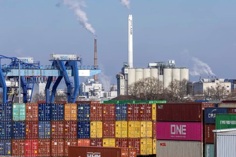 BASF plant, production building and smoking chimneys. Ludwigshafen on the Rhine,