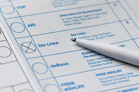 Germany - February 2025: Close up of cross made for political party die Linke on ballot paper for