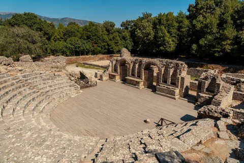 Theater and amphitheater in the archaeological ruins of Butrint or Butrinto National Park in