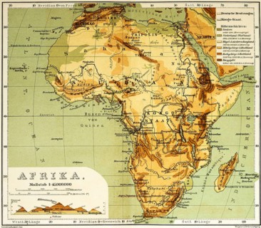 Topographical map of Africa in the 19th century with longitude and latitude, elevation profile east