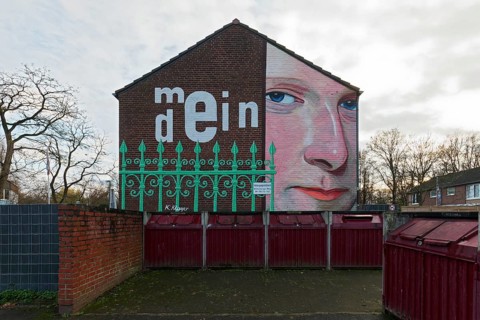 Mural Mein-Dein, Gesicht blickt über den Zaun, mural on the subject of neighbour disputes by street