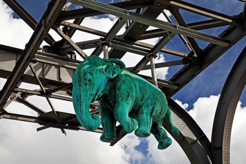 Elephant sculpture on an arch of the Wuppertal suspension railway, artist Jörg Mazur, LVR