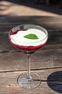 Elegant dessert in a glass with red raspberry sauce, white cream and mint leaf on a wooden table,