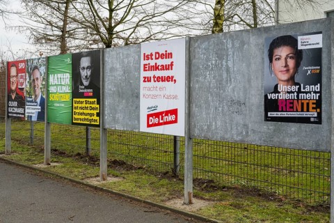 Board with election posters, SPD, CDU, Bündnis90 Die Grünen, FDP, Die Linke, BSW, Bundestag
