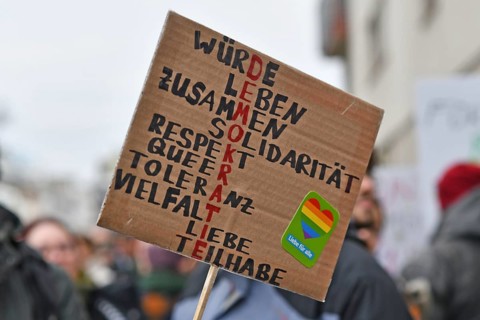 Heidelberg, Germany - February 12th 2025: Pro-democracy sign at protest against far-right extremism