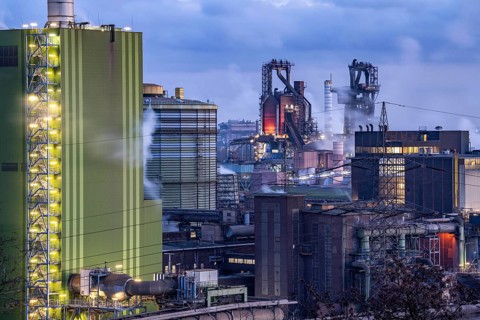 Panorama of the Thyssenkrupp Steel steelworks in Duisburg-Bruckhausen, in front the gas-fired power