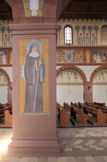 Interior view of the UNESCO monastery church of St. Hildegard with painting of Hildegard of Bingen