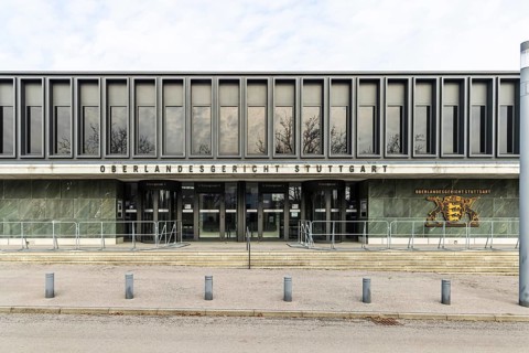 New courtroom building of the Higher Regional Court OLG in Stuttgart-Stammheim. Exterior view with