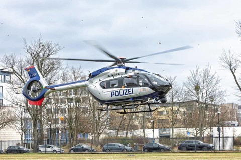 Landing approach of the new H145 police helicopter from Airbus Helicopters, which was taken over by