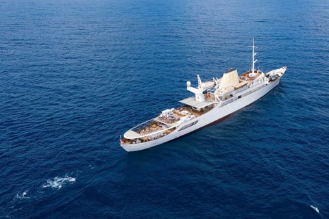 Aerial view 99 metre long motor yacht Christina O, former frigate built in 1942 by Canadian