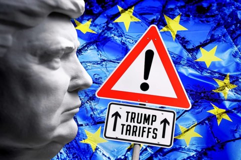 Trump bust in front of EU flag in shards with sign and inscription Trump Tariffs, symbolic photo