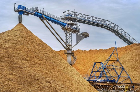 Stockpiles of wood chips for the paper mill