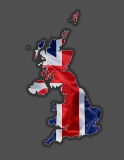 Outline map of Great Britain designed with the national flag