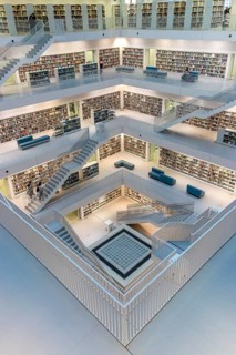 Cube-shaped interior of the city library on Mailänder Platz by architect Prof. Eun Young Yi, with