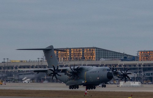 Airbus A400M military transport aircraft of the German Air Force landed at Stuttgart Airport with
