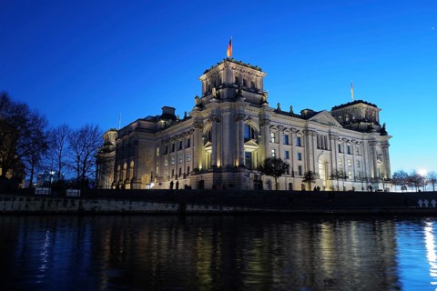 A view of the Bundestag in Berlin a few hours after polling closed and counting was underway in the