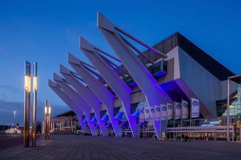 Event centre ÖVB-Arena or Stadthalle at dusk on the Bürgerweide, Bremen, Germany, Europe