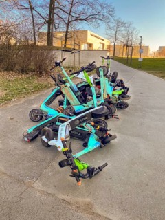 Electric scooters, overturned and stacked on top of each other, vandalism, Westend-Nord, Frankfurt