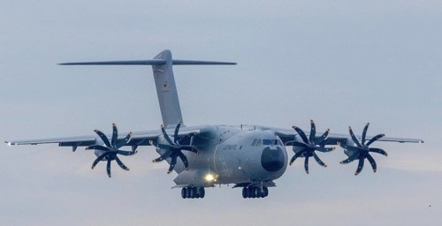 Airbus A400M military transport aircraft of the German Air Force landed at Stuttgart Airport with