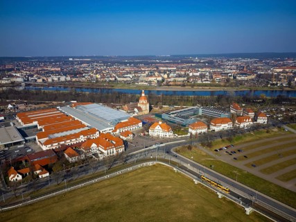 New Dresden Trade Fair Centre in the former Erlwein slaughterhouse.Dresden Sports High School on