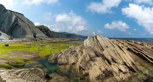A panorama view of the Flysch rock formations and cliffs with tidal pools on the Basque Country