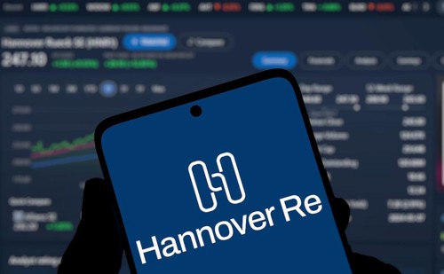 Hannover re logo is displayed on smartphone.Hannover Re is a reinsurance company