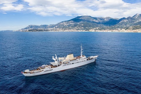 Aerial view 99 metre long motor yacht Christina O, former frigate built in 1942 by Canadian