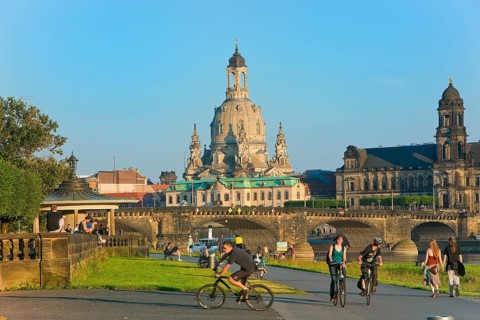 Dresden Silhouette View from Neustätter Elbufer to Dresden Old Town