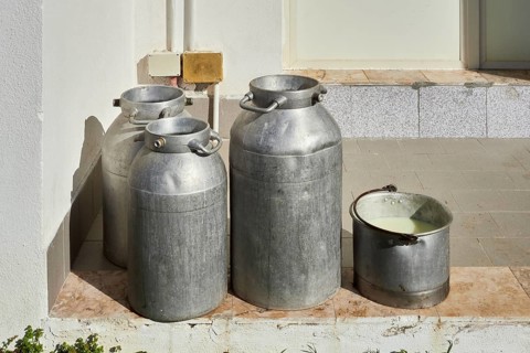 Some milk cans waiting to be taken away