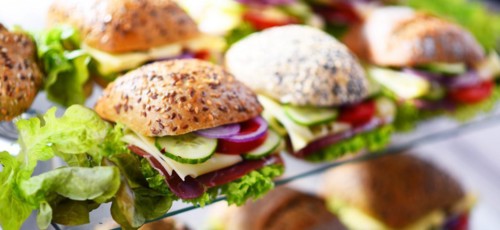 Ham and cheese sandwiches displayed for sale