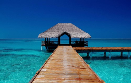 Wooden jetty on Maldives Island, Maldives, Indian Ocean, Medhufushi, Meemu Atoll, Asia