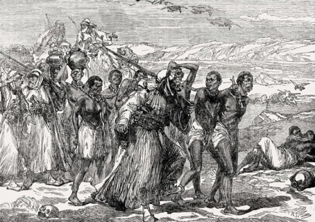 Slaves traversing the African desert, 19th century, From British Battles on Land and Sea, by James