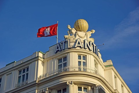 Europe, Germany, Hamburg, Outer Alster Lake, view to Hotel Atlantic, facade decoration with globe,