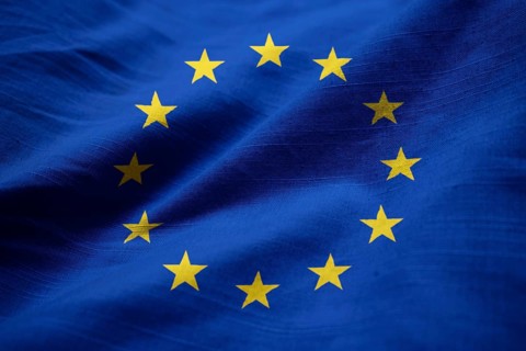 Closeup of Ruffled European Union Flag, European Union Flag Blowing in Wind