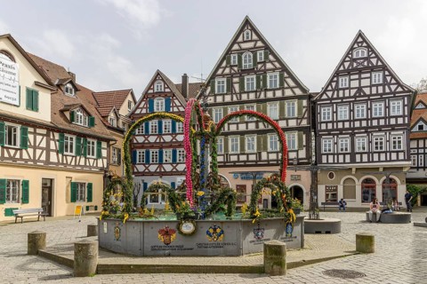 Schorndorf Easter fountain (market fountain) on the upper market square and in the background large