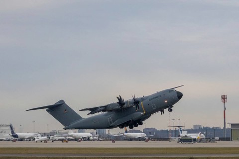 Airbus A400M military transport aircraft of the German Air Force landed at Stuttgart Airport with